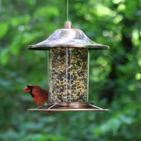 Copper Bird Feeder with Plastic Seed Reservoir Tube and Circular Perch