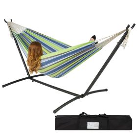 Portable Blue Green Stripe Cotton Hammock with Metal Stand and Carry Case