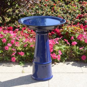 Blue Ceramic Birdbath with 1/2 Gallon Water Basin and Bird Branch Leaf Detailing