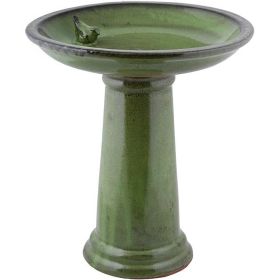 Green Ceramic Outdoor Garden Birdbath - 16-inch Diameter