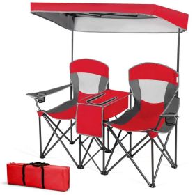 Red 2-Piece Folding Camping Canopy Chairs Set with Cup Holder and Storage Pocket