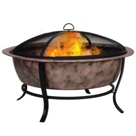 Rustic Outdoor Wood Burning Fire Pit Cauldron Style Steel Bowl w/ Log Poker and Mesh Screen Lid