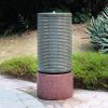 44" Tall Large Modern Cylinder Ribbed Tower Water Fountain With Rustic Base, Contemporary Antique Green Copper Finish Outdoor Bird Feeder / Bath Cemen