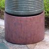 44" Tall Large Modern Cylinder Ribbed Tower Water Fountain With Rustic Base, Contemporary Antique Green Copper Finish Outdoor Bird Feeder / Bath Cemen