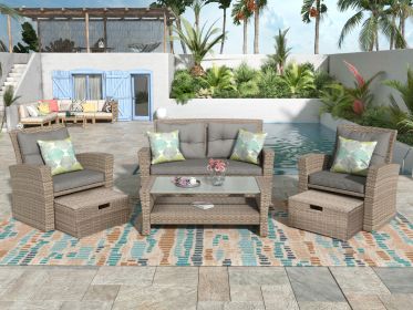 Patio Furniture Set, 4 Piece Outdoor Conversation Set All Weather Wicker Sectional Sofa with Ottoman and Cushions (Color: Gray)