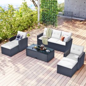 6-piece All-Weather Wicker PE rattan Patio Outdoor Dining Conversation Sectional Set with coffee table, wicker sofas, ottomans, removable cushions (Bl (Color: Beige)