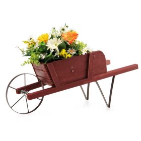 Wooden Wagon Planter with 9 Magnetic Accessories for Garden Yard (Color: Red)