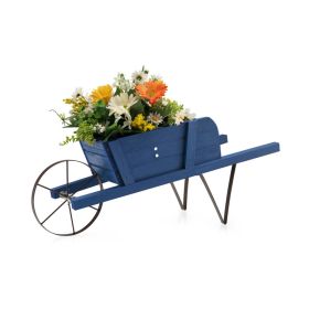 Wooden Wagon Planter with 9 Magnetic Accessories for Garden Yard (Color: Blue)