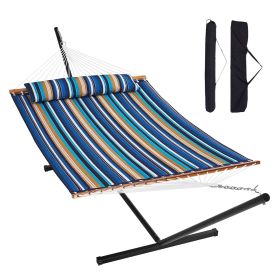 VEVOR Two Person Hammock with Stand Included Heavy Duty 480lb Capacity, Double Hammock with 12 FT Steel Stand and Portable Carrying Bag and Pillow, Fr (Type of Support: T Type, Color: Blue-Green Color Scheme)